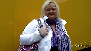 Blonde BBW undresses and toys her smooth pussy